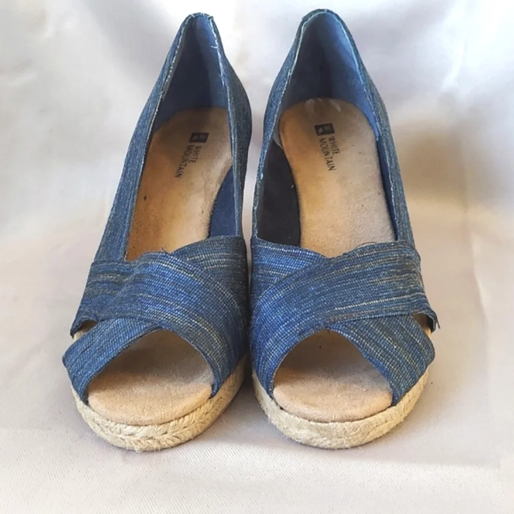 White‎ Mountain Shoes, Size 9, Blue Open Toe, Wedge Heel, Espadrille Style, New!